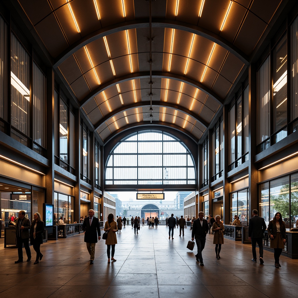 Prompt: Modern train station, grand entrance halls, high ceilings, sleek metal beams, industrial-style lighting fixtures, bright overhead illumination, warm ambient glow, LED strip lights, futuristic tunnel effects, dynamic color-changing lights, large glass windows, natural daylight pouring in, urban cityscape views, bustling pedestrian traffic, morning rush hour atmosphere, soft warm lighting, shallow depth of field, 1/2 composition, realistic textures, ambient occlusion.