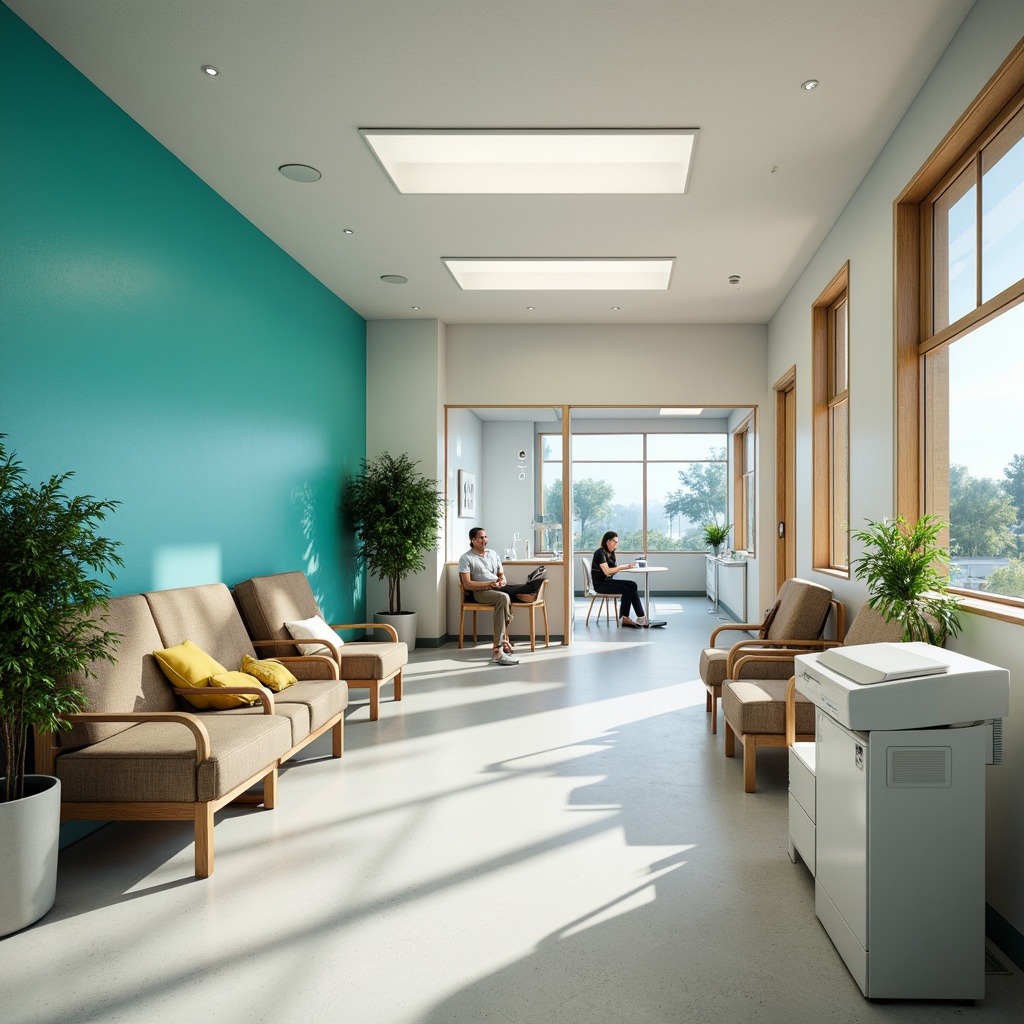 Prompt: Vibrant medical clinic, calming blue tones, soothing green accents, neutral beige walls, warm wooden furniture, comfortable waiting areas, natural light influx, airy open spaces, minimal ornamentation, sterile white surfaces, modern sleek equipment, gentle color transitions, harmonious ambiance, balanced composition, 1/2 perspective, softbox lighting, subtle texture overlays.