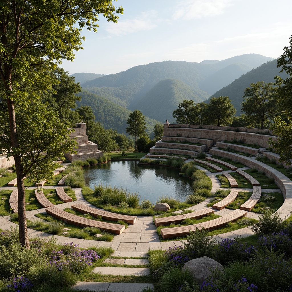 Prompt: Natural amphitheater setting, rolling hills, lush greenery, wildflowers, serene lake, gentle water flow, wooden benches, stone pathways, curved architecture, harmonious landscape integration, earthy tones, organic textures, warm afternoon light, soft shadows, 1/1 composition, shallow depth of field, realistic rock formations, ambient occlusion.