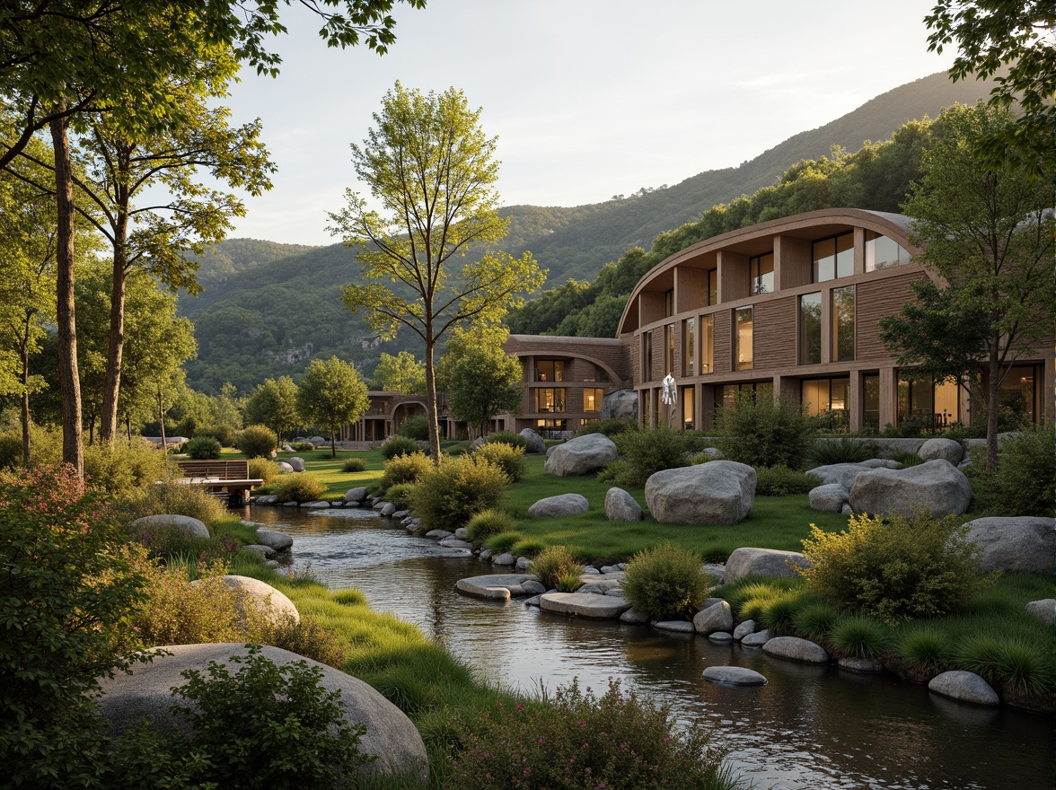 Prompt: Harmonious landscape integration, blending modern architecture with natural surroundings, rolling hills, lush green forests, meandering streams, rustic stone walls, wooden accents, organic curves, cantilevered structures, expansive glass windows, minimalist design, seamless transitions, native plant species, seasonal foliage, warm golden lighting, soft focus, atmospheric perspective, 2/3 composition, symmetrical balance, realistic textures, ambient occlusion.