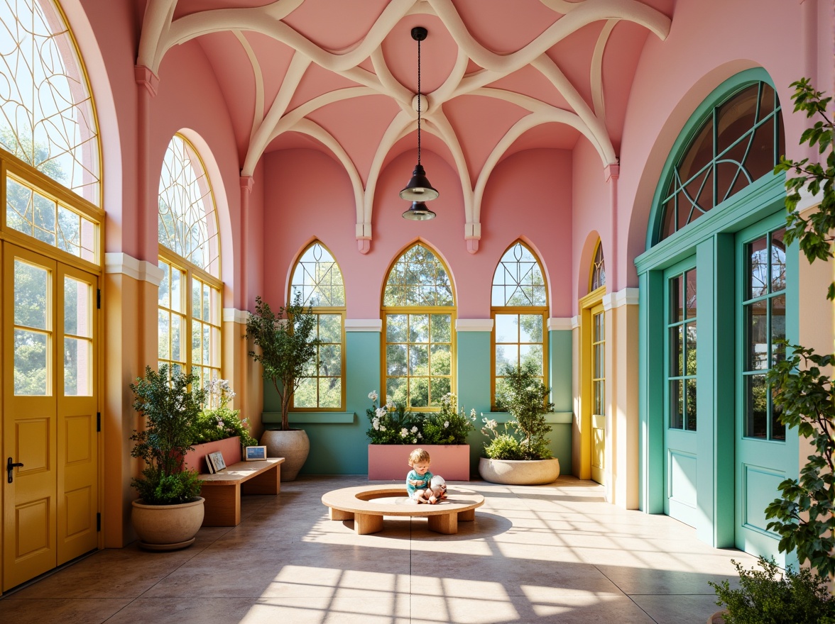 Prompt: Vibrant kindergarten building, whimsical Art Nouveau style, curly ornate details, bright color palette, pastel hues, soft pink walls, baby blue accents, sunshine yellow doors, lime green columns, iridescent stained glass windows, wavy organic lines, playful geometric patterns, natural stone floors, blooming flower murals, gentle warm lighting, shallow depth of field, 1/1 composition, intimate close-up view, realistic textures, ambient occlusion.