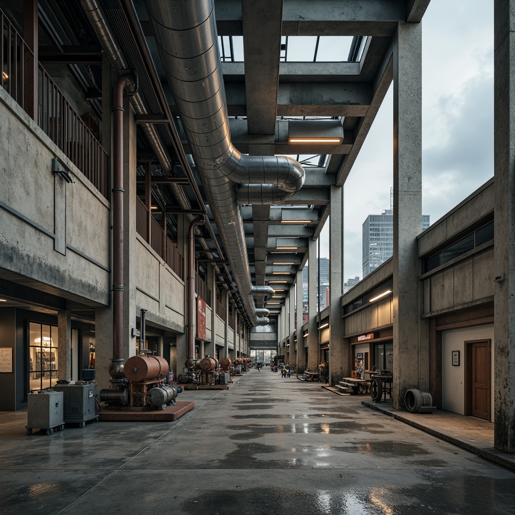 Prompt: Industrial energy plant, brutalist architecture, exposed ductwork, metallic pipes, concrete floors, steel beams, industrial lighting, functional design, urban landscape, city skyline, cloudy sky, soft diffused light, shallow depth of field, 2/3 composition, realistic textures, ambient occlusion, rusty metal surfaces, worn concrete walls, distressed finishes, mechanical details, intricate piping systems.