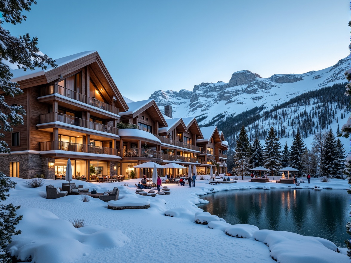 Prompt: Snow-capped mountains, wooden ski lodges, rustic stone walls, sloping roofs, exposed beams, large windows, natural wood accents, cozy fireplaces, warm ambient lighting, snowy terrain, frozen lakes, pine trees, frosty mornings, clear blue skies, powder snow, mountain peaks, modern ski lift systems, sleek metal railings, comfortable seating areas, hot chocolate stations, vibrant winter sports equipment, dynamic architectural forms, angular lines, sustainable building materials, eco-friendly insulation, energy-efficient systems, panoramic views, shallow depth of field, 3/4 composition.