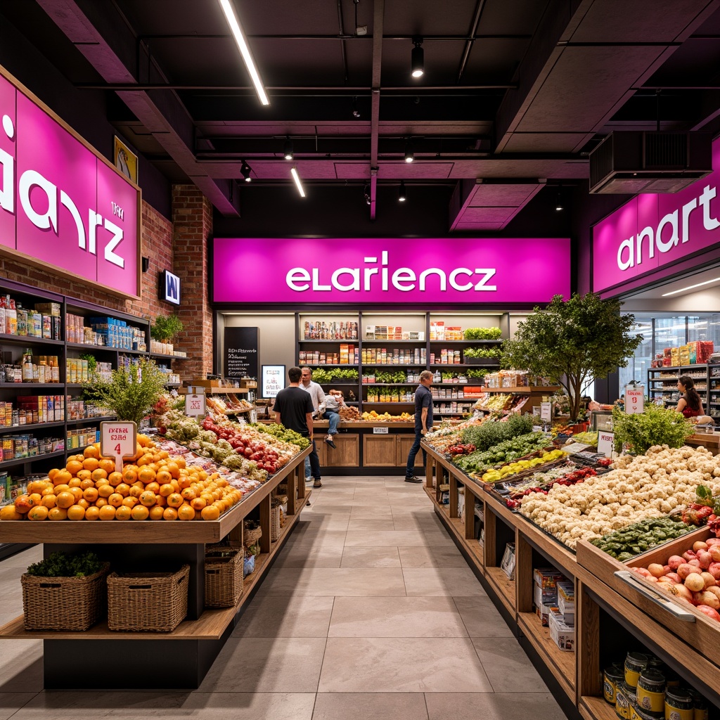 Prompt: Vibrant magenta accents, modern grocery store interior, bold signage, fresh produce displays, wooden shelves, metal racks, colorful packaging, lively atmosphere, high-contrast lighting, shallow depth of field, 1/2 composition, warm and inviting color scheme, natural stone flooring, minimalist decor, urban loft-style architecture, industrial chic aesthetic, eclectic mix of textures, dynamic visual merchandising.