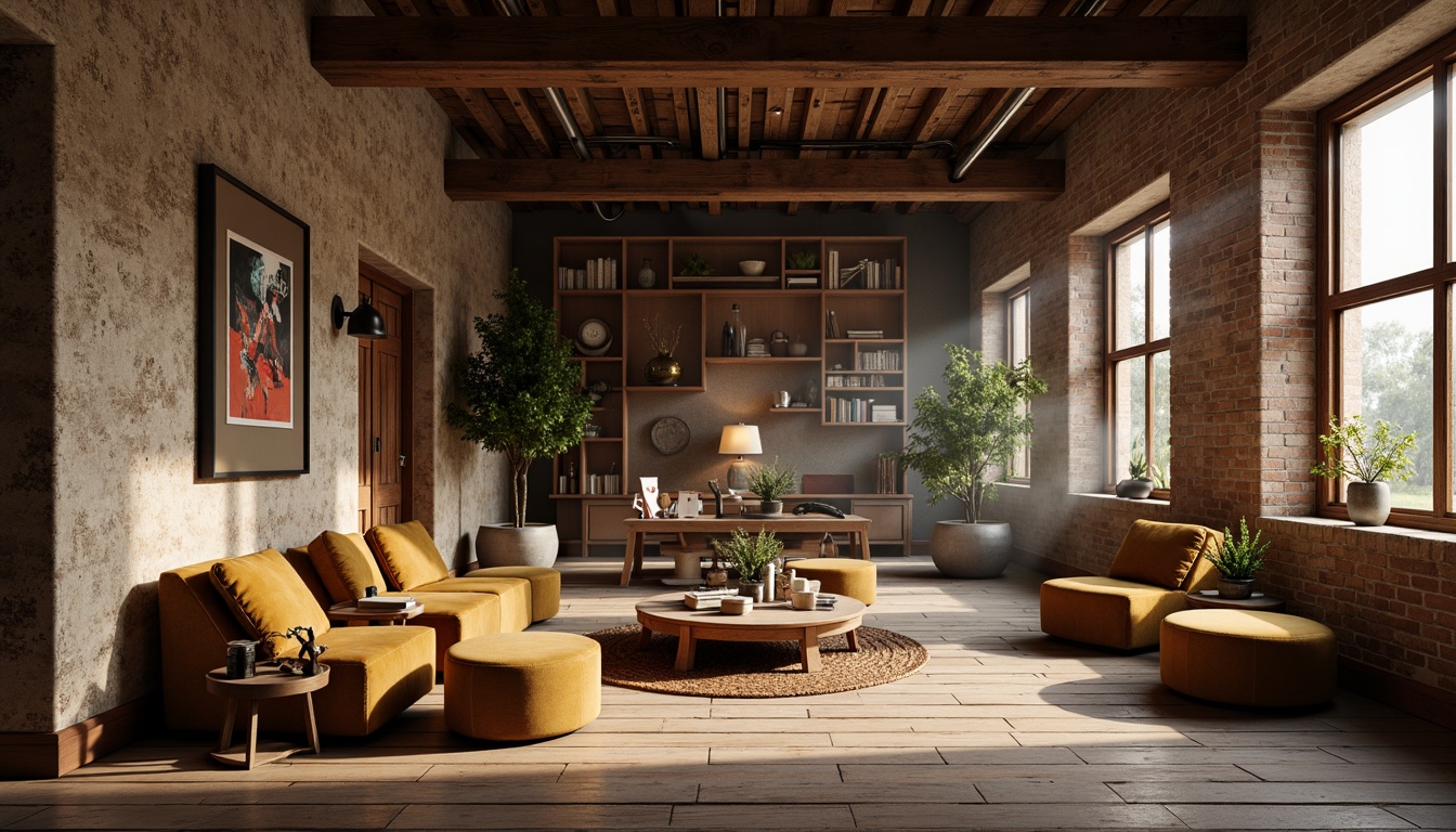 Prompt: Rustic wooden accents, reclaimed wood floors, natural stone walls, earthy color palette, organic textures, industrial metal beams, exposed brick details, minimalist decor, cozy reading nooks, plush velvet upholstery, warm ambient lighting, shallow depth of field, 1/1 composition, realistic render, soft focus, atmospheric mist.