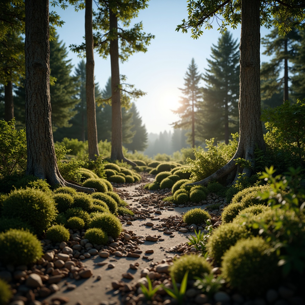 Prompt: Earthy forest floor, mossy green tones, rustic tree bark, sky blue horizon, warm sandy dunes, driftwood grey, soft misty mornings, gentle sunrise hues, natural linen textures, organic shapes, free-flowing curves, whimsical botanical patterns, subtle woodgrain details, ambient atmospheric lighting, shallow depth of field, 1/2 composition, realistic foliage renderings.