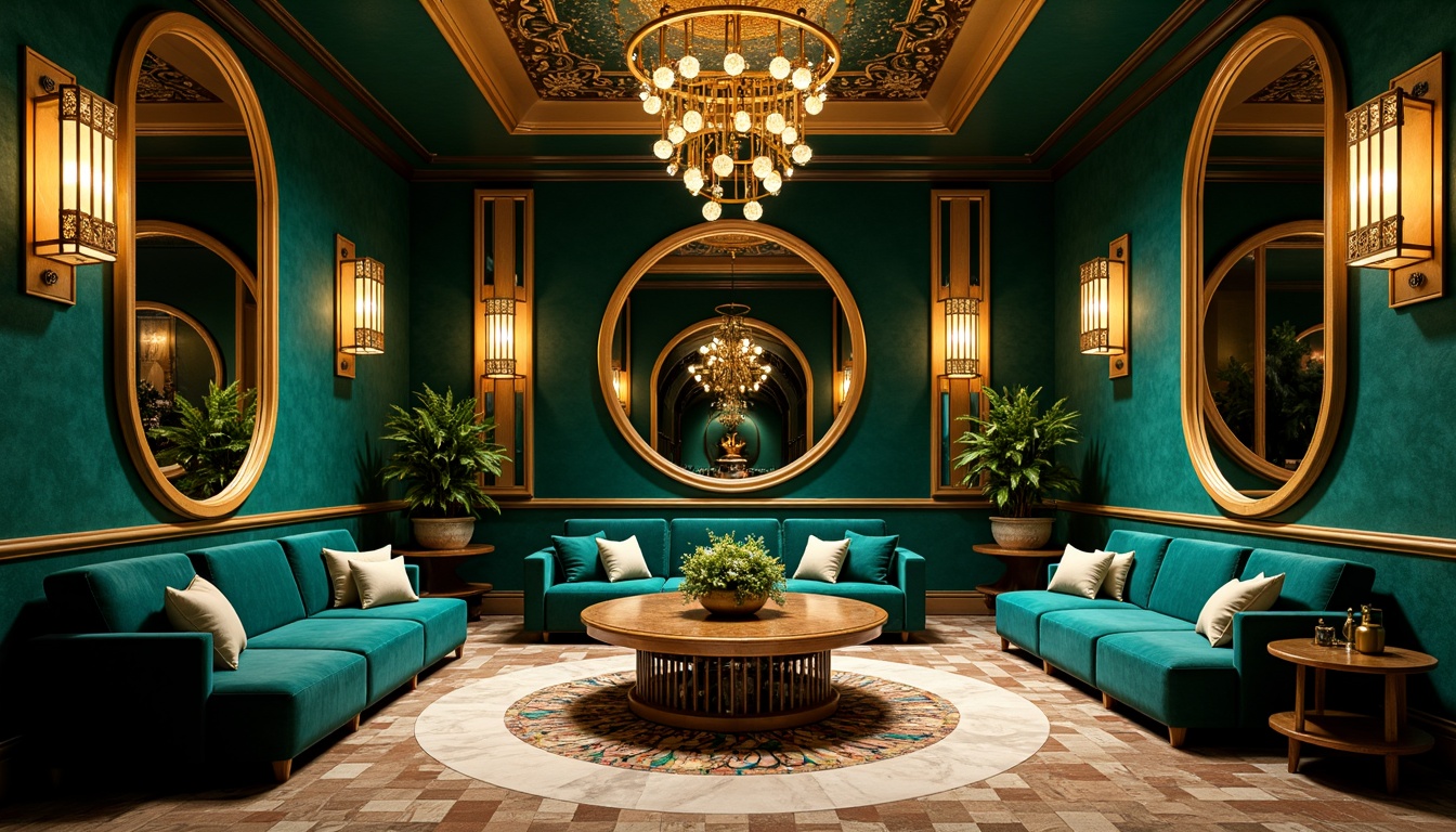 Prompt: Luxurious art deco interior, rich jewel-toned color scheme, emerald green walls, navy blue accents, warm golden lighting, ornate metallic fixtures, geometric patterns, lavish velvet fabrics, opulent marble floors, intricately carved wooden panels, sunburst mirrors, elegant curved lines, sophisticated furniture silhouettes, vintage-inspired decorative accessories, soft box shadows, 1/1 composition, cinematic lighting, high-contrast textures, atmospheric depth of field.