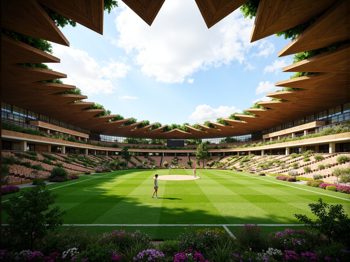 Prompt: Vibrant sports stadium, lush green turf, natural wood accents, living walls, green roofs, organic curves, undulating lines, earthy tones, warm ambient lighting, transparent glass fa\u00e7ades, cantilevered structures, open-air concourses, misting systems, native plant species, reclaimed wood benches, recycled materials, rainwater harvesting systems, wind-solar powered scoreboards, natural ventilation, panoramic views, shallow depth of field, 2/3 composition, realistic textures, ambient occlusion.