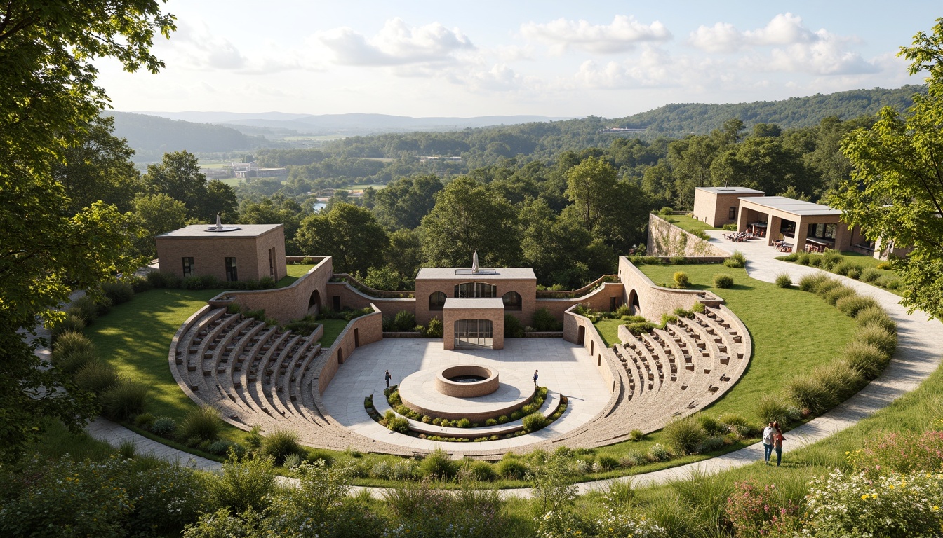 Prompt: Amphitheater-shaped building, natural stone exterior, lush green roofs, integrated solar panels, rainwater harvesting systems, sustainable materials, minimal carbon footprint, open-air performance space, tiered seating areas, panoramic views of surrounding landscape, native plant species, wildflower meadows, warm sunny day, soft diffused lighting, 1/2 composition, atmospheric perspective, subtle texture details.