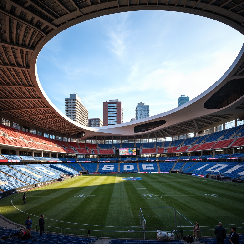 Prompt: Modern football stadium, sleek curved lines, dynamic angular forms, perforated metal panels, LED lighting systems, vibrant team color schemes, polished concrete floors, cantilevered roofs, vast open concourses, urban cityscape views, sunny day, soft warm lighting, shallow depth of field, 3/4 composition, panoramic view, realistic textures, ambient occlusion.