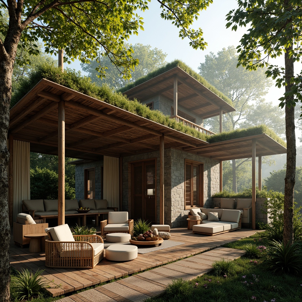 Prompt: Earthy cabin, reclaimed wood accents, natural stone walls, living green roofs, bamboo flooring, woven rattan furniture, organic shapes, earthy color palette, lush vegetation, misty forest surroundings, warm sunlight filtering through trees, shallow depth of field, 1/1 composition, realistic textures, ambient occlusion.