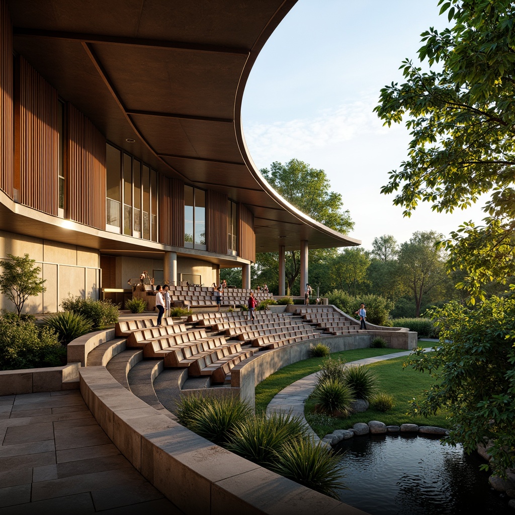 Prompt: Curved auditorium seating, natural stone walls, wooden accents, lush greenery, overflowing plants, water features, small ponds, walking paths, scenic vistas, floor-to-ceiling windows, transparent glass roofs, abundant daylight, warm soft lighting, shallow depth of field, 3/4 composition, panoramic view, realistic textures, ambient occlusion, modern minimalist architecture, sleek lines, functional design, acoustic panels, soundproofing materials, intimate performance spaces, dramatic stage lighting.