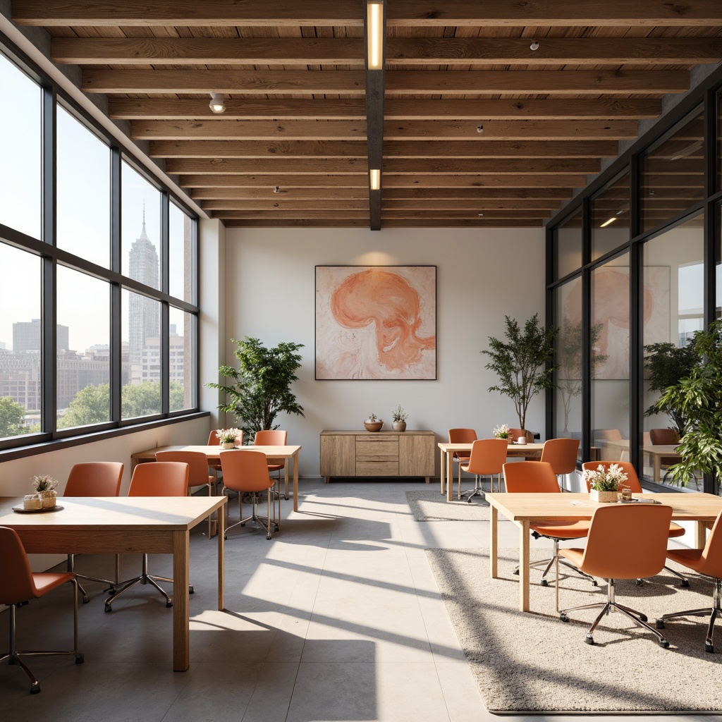 Prompt: Vibrant modern office, sleek minimalist desks, ergonomic chairs, trendy abstract artwork, pastel color scheme, soft peach tones, creamy whites, rich charcoal accents, natural wood textures, industrial metal frames, floor-to-ceiling windows, urban cityscape views, warm afternoon lighting, shallow depth of field, 1/2 composition, realistic reflections, ambient occlusion.