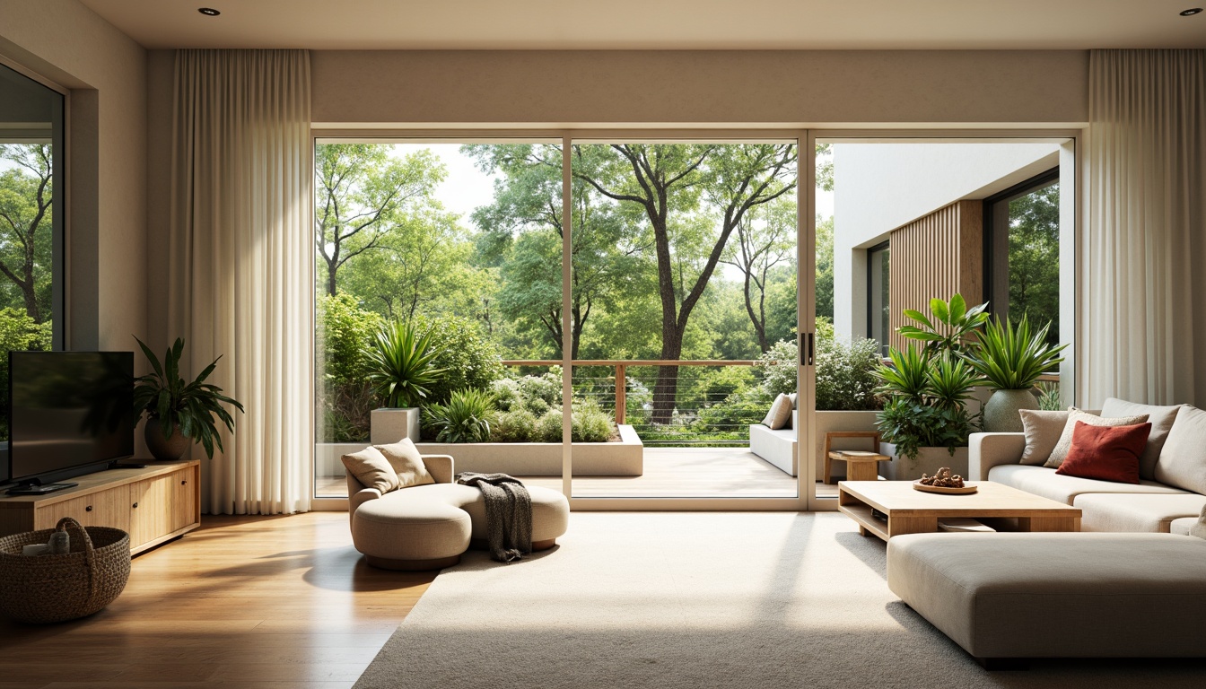 Prompt: Bright airy living room, large windows, sliding glass doors, minimalist interior design, neutral color palette, reflective surfaces, polished wooden floors, greenery views, lush plants, natural textiles, soft warm lighting, shallow depth of field, 3/4 composition, panoramic view, realistic textures, ambient occlusion, morning sunlight, gentle shadows, cozy reading nooks, comfortable seating areas.