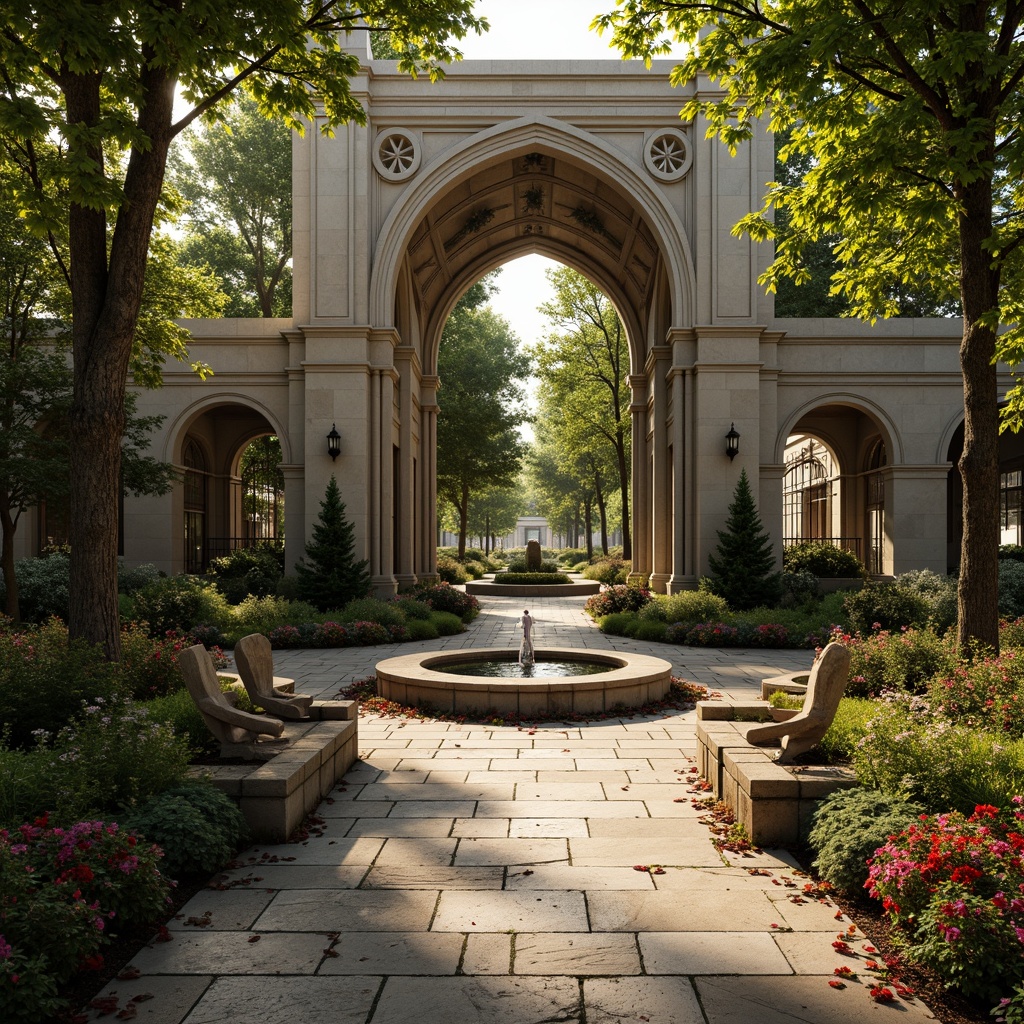 Prompt: Grandiose park entrance, majestic Gothic arches, intricate stone carvings, ornate iron gates, lush greenery, vibrant flowers, serene water features, walking paths, natural stone pavilions, rustic wooden benches, mystical ambiance, warm golden lighting, dramatic shadows, 3/4 composition, symmetrical framing, realistic textures, ambient occlusion.