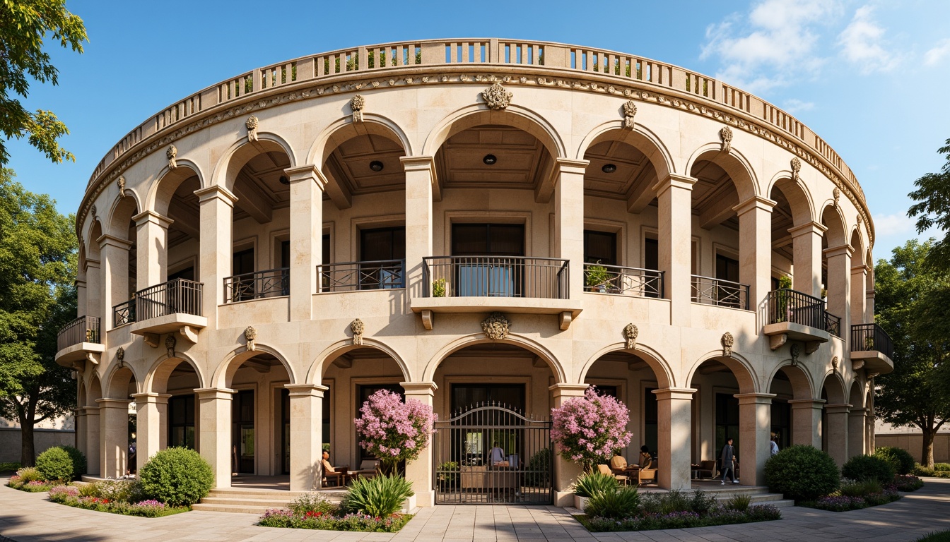 Prompt: Renaissance-style stadium facade, ornate stone carvings, grand arches, classic columns, rusticated base, symmetrical composition, richly textured stonework, warm beige color scheme, intricate metalwork, decorative balconies, majestic entrance gates, lush greenery, vibrant flowers, sunny day, soft warm lighting, shallow depth of field, 3/4 composition, panoramic view, realistic textures, ambient occlusion.