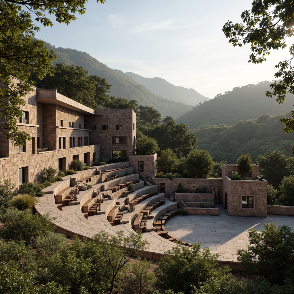 Prompt: Natural stone amphitheater, tiered seating, wooden benches, lush greenery, surrounding hills, misty morning, warm sunlight, gentle breeze, acoustic sound systems, speaker arrays, microphone installations, curved architecture, ancient Greek-inspired design, rustic materials, earthy tones, natural textures, ambient lighting, soft shadows, 3/4 composition, panoramic view, realistic reflections.