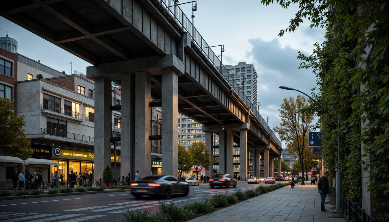 Prompt: Rugged pedestrian bridge, brutalist architecture, concrete pillars, steel beams, industrial textures, exposed ductwork, urban cityscape, busy streets, rush hour traffic, gloomy overcast sky, misty atmosphere, warm golden lighting, shallow depth of field, 1/1 composition, dramatic shadows, high contrast ratio, vibrant color palette, bold yellow accents, deep blue undertones, rich greenery, lush ivy walls, natural stone paving, modern urban design, functional minimalism.