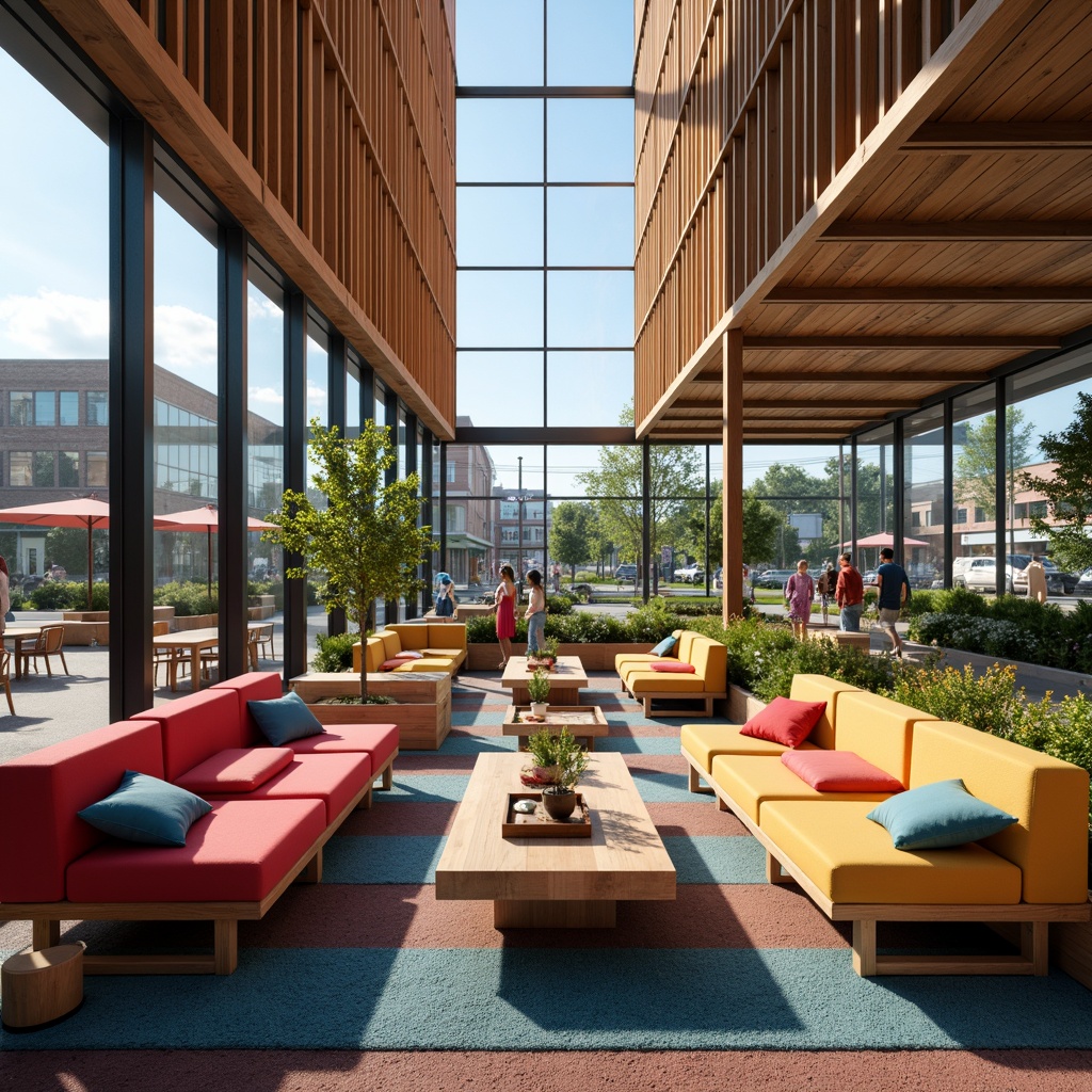 Prompt: Vibrant community center, modern architecture, large glass windows, natural light, wooden accents, cozy seating areas, comfortable couches, colorful throw pillows, lively street art, urban landscape, bustling city atmosphere, warm sunny day, soft gentle lighting, shallow depth of field, 3/4 composition, realistic textures, ambient occlusion.