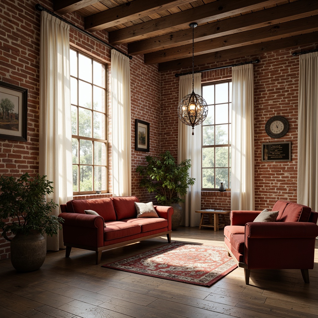 Prompt: Exposed brick walls, wooden beams, large windows, soft natural light, warm cozy atmosphere, romantic ambiance, vintage decorations, distressed wood furniture, plush velvet sofas, ornate metal chandeliers, floral patterned rugs, creamy white curtains, rustic wooden floors, minimalist decor, industrial chic accents, relaxed calm mood, shallow depth of field, 1/1 composition, realistic textures, ambient occlusion.