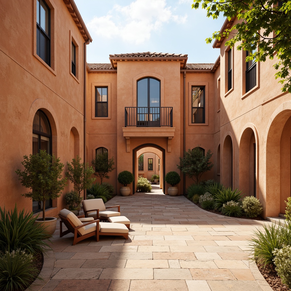 Prompt: Warm sienna buildings, rustic stone walls, earthy tone facades, terracotta roof tiles, natural clay textures, Mediterranean inspired architecture, sun-kissed courtyards, warm beige stone floors, cozy interior spaces, soft golden lighting, ambient shadows, 1/2 composition, realistic material renderings.