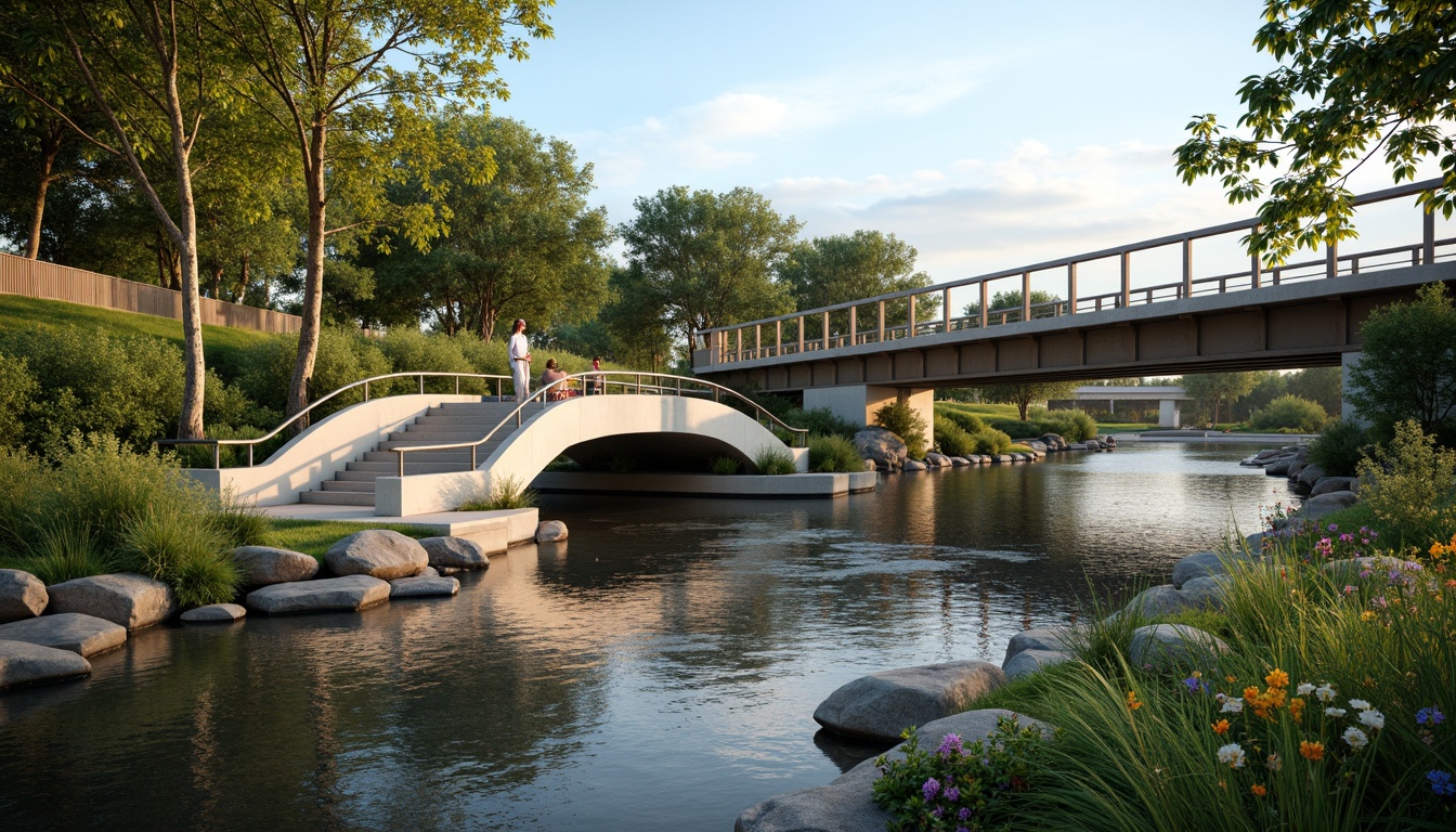 Prompt: Sleek bridge architecture, gentle river flow, lush greenery, vibrant flowers, natural stone piers, steel beams, modern railings, warm sunny day, soft diffused lighting, shallow depth of field, 3/4 composition, panoramic view, realistic textures, ambient occlusion, calming color palette, soothing blue hues, earthy brown tones, muted green shades, creamy white accents, subtle gradient effects.