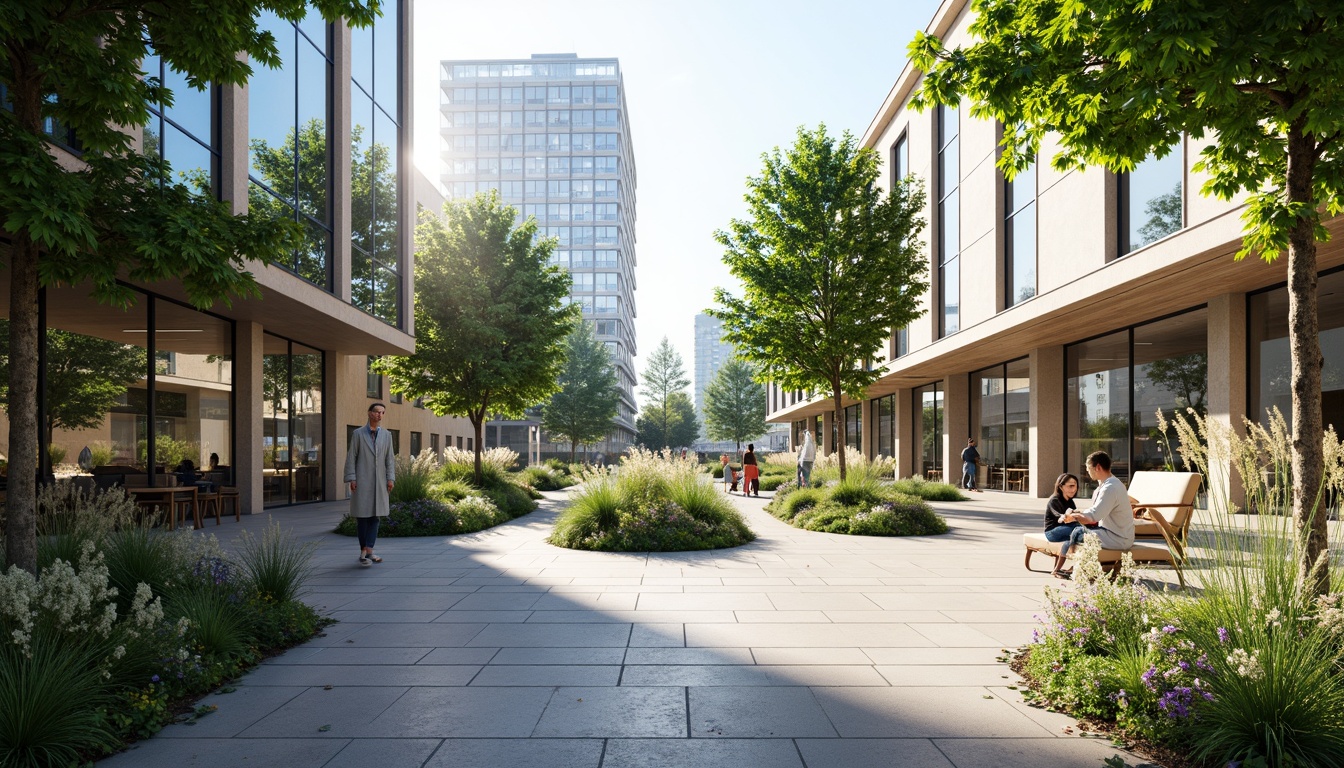 Prompt: Spacious open plaza, lush green vegetation, modern architecture, sleek glass facades, minimalist design, natural stone flooring, comfortable seating areas, vibrant street art, urban landscape, sunny day, soft warm lighting, shallow depth of field, 3/4 composition, panoramic view, realistic textures, ambient occlusion.Let me know if this meets your expectations!