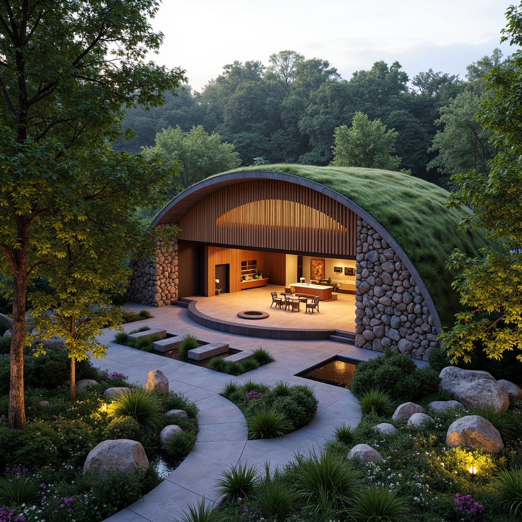 Prompt: Curved concert house, organic architecture, lush green roof, living walls, natural stone fa\u00e7ade, wooden accents, earthy color palette, soft landscape lighting, meandering pathways, native plant species, wildflower gardens, serene water features, shallow reflective pools, rustic wooden benches, acoustic shell, outdoor amphitheater, warm evening ambiance, golden hour lighting, 1/2 composition, atmospheric perspective, realistic foliage rendering.