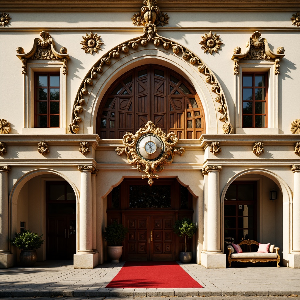 Prompt: Ornate cinema facade, Romanesque arches, intricate stone carvings, grand entrance, red carpet, golden decorations, ornamental columns, rusticated stonework, rounded windows, curved lines, warm beige color scheme, soft afternoon light, shallow depth of field, 1/2 composition, dramatic high contrast, cinematic atmosphere, nostalgic feel, classic film-inspired details, vintage signage, intricate moldings, decorative cornices, majestic grandeur.