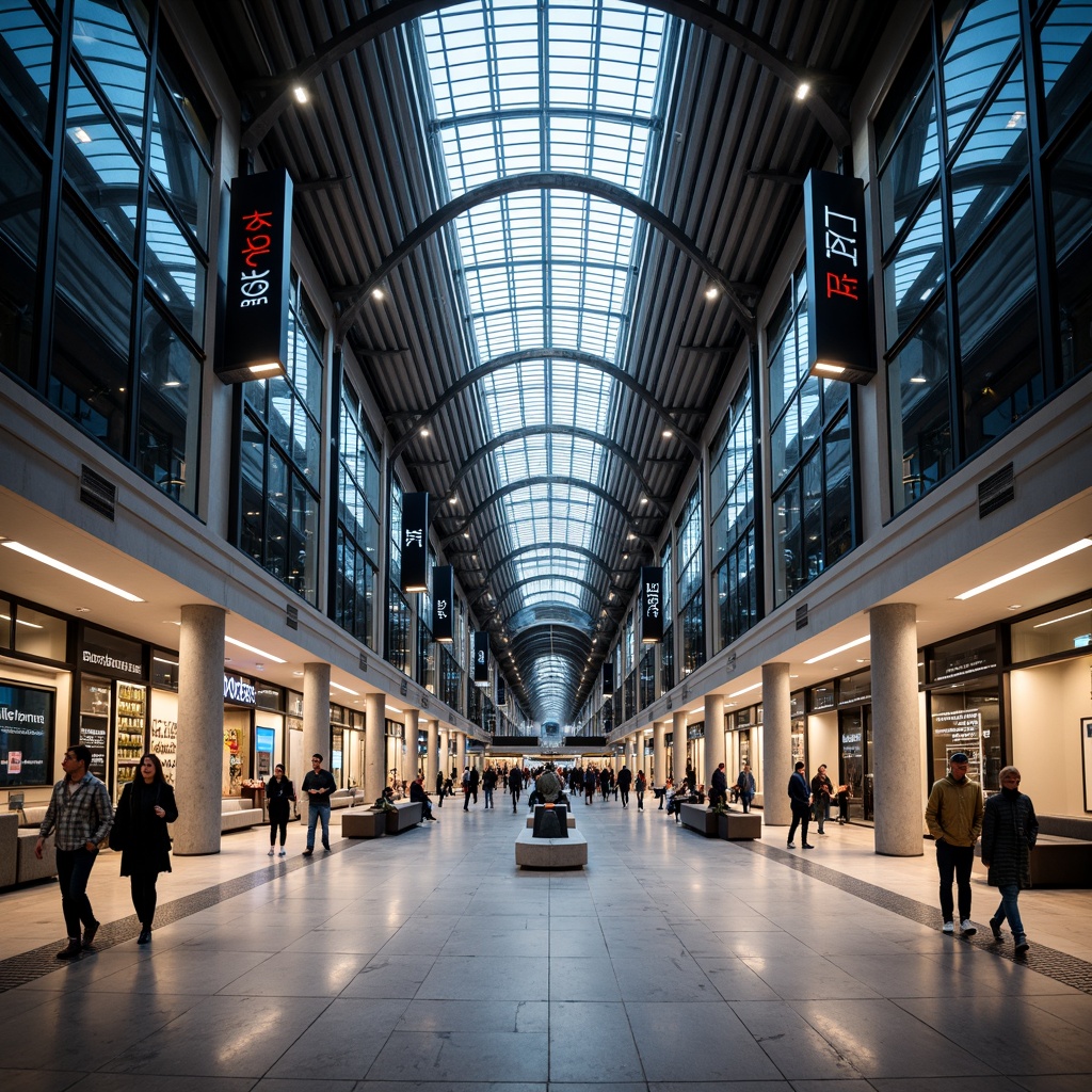 Prompt: Grand train station entrance, majestic archways, gleaming steel beams, modern glass fa\u00e7ade, automatic sliding doors, spacious waiting areas, comfortable seating, digital displays, real-time departure boards, stylish signage, polished marble floors, sleek metal handrails, vibrant LED lighting, shallow depth of field, 1/2 composition, symmetrical architecture, bustling city atmosphere, morning rush hour scene.