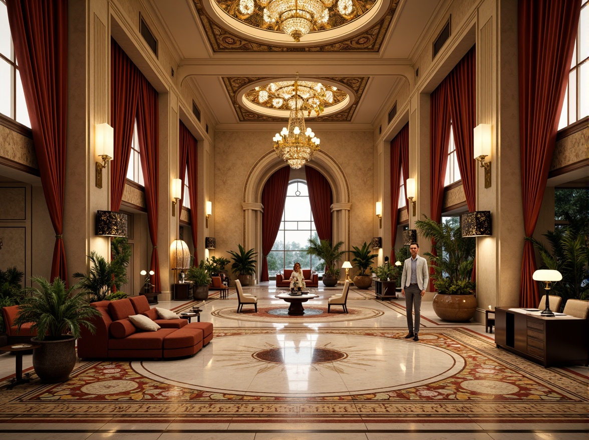 Prompt: Grand luxurious hotel lobby, intricately patterned marble floors, ornate golden chandeliers, rich velvet drapes, majestic arches, grandiose vaulted ceilings, lavish furnishings, intricate mosaics, Byzantine-inspired domes, opulent crystal fixtures, warm golden lighting, shallow depth of field, 1/1 composition, symmetrical framing, realistic textures, ambient occlusion.