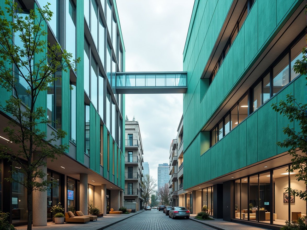 Prompt: Vibrant teal accents, modern minimalist buildings, sleek glass facades, angular lines, open floor plans, natural stone walls, reclaimed wood textures, industrial metal beams, urban cityscape, morning misty atmosphere, soft diffused lighting, shallow depth of field, 1/2 composition, realistic renderings, ambient occlusion.