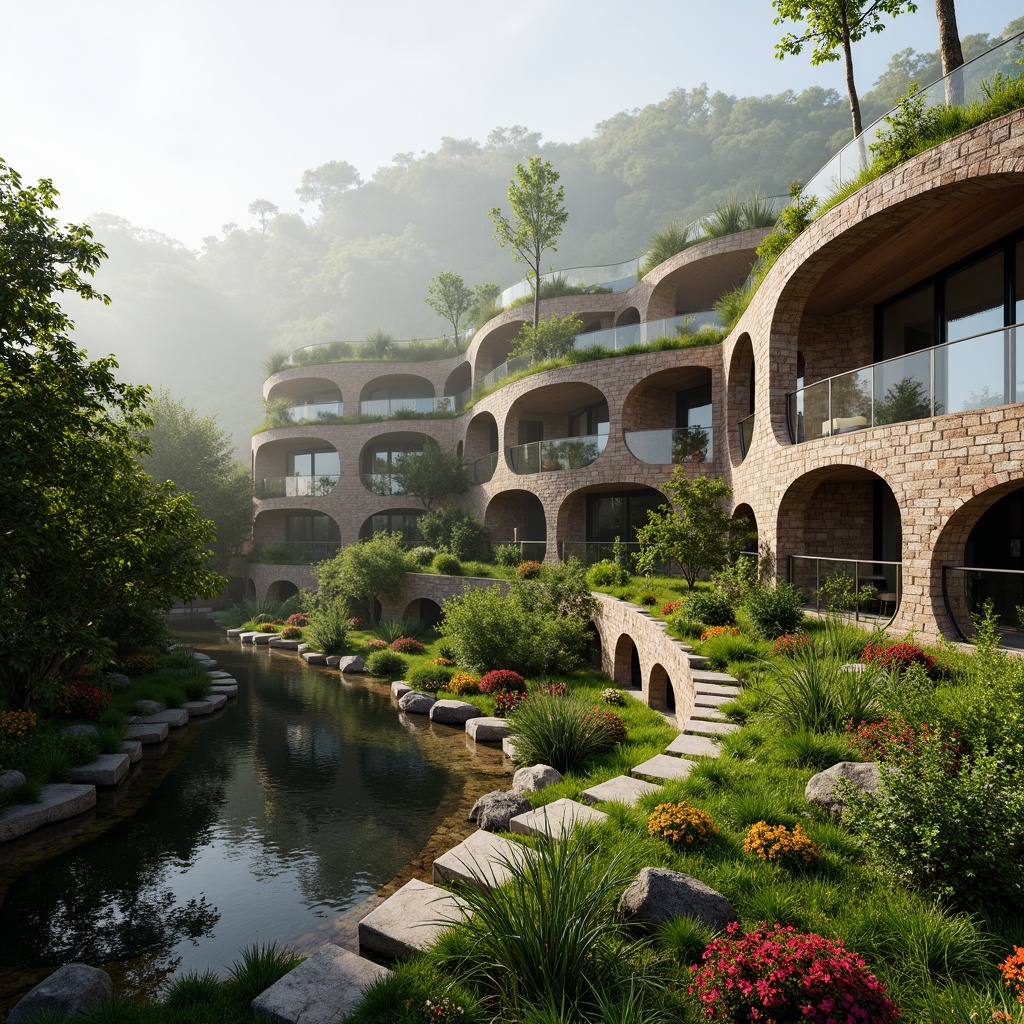 Prompt: Harmonious landscape integration, organic curves, lush green roofs, living walls, native plant species, natural stone fa\u00e7ades, reclaimed wood accents, eco-friendly materials, sustainable design principles, seamless transitions, soft morning light, misty atmosphere, shallow depth of field, 2/3 composition, symmetrical balance, vibrant color palette, abstract textures, ambient occlusion.