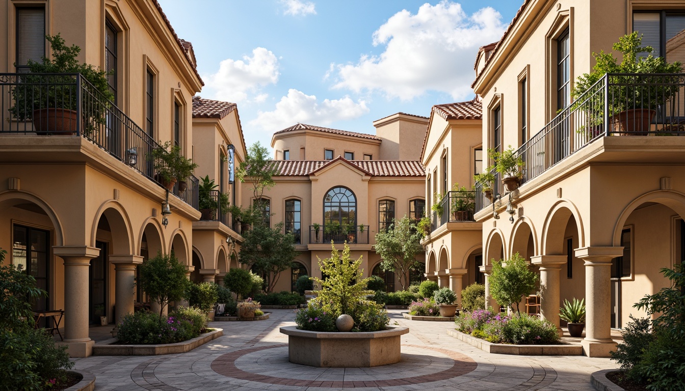 Prompt: Renaissance-inspired social housing, ornate facades, classical arches, decorative columns, warm beige stucco, red terracotta rooftops, lush green balconies, intricate ironwork, ornamental fountains, cobblestone streets, vibrant flower arrangements, soft natural lighting, 1/2 composition, shallow depth of field, warm color palette, realistic textures, ambient occlusion.