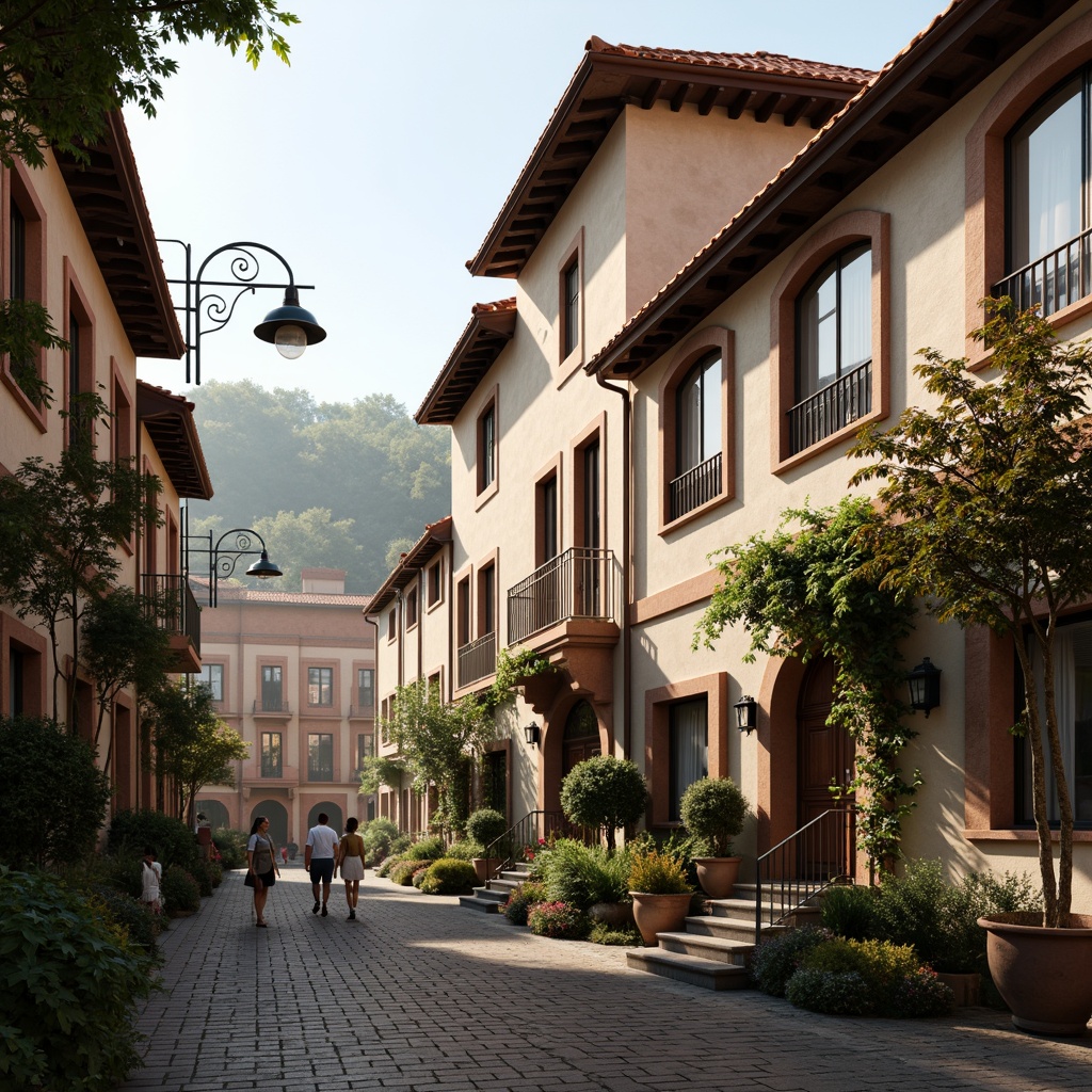 Prompt: Renaissance-style townhouses, ornate facades, arched windows, rustic stone walls, terracotta rooftops, vintage street lamps, cobblestone streets, lush greenery, vibrant flowers, bustling city life, morning sunlight, soft warm lighting, shallow depth of field, 3/4 composition, realistic textures, ambient occlusion.