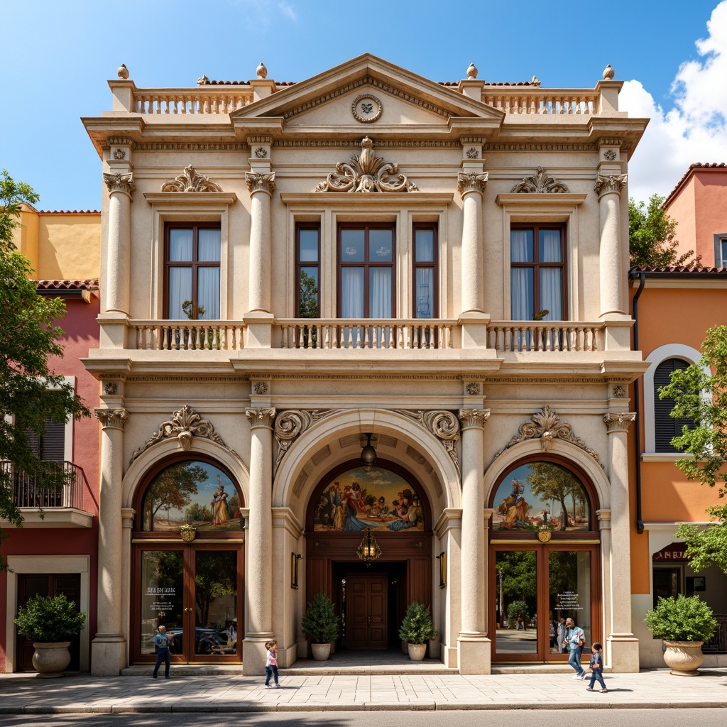 Prompt: Ornate distribution center, Renaissance-style facade, symmetrical composition, grand entrance arches, ornamental columns, carved stone details, rusticated quoins, decorative cornices, terracotta rooftops, warm beige stonework, classic Italianate architecture, elegant storefronts, large wooden doors, bronze hardware, vibrant fresco murals, sunny afternoon light, soft warm shadows, shallow depth of field, 1/2 composition, realistic textures, ambient occlusion.