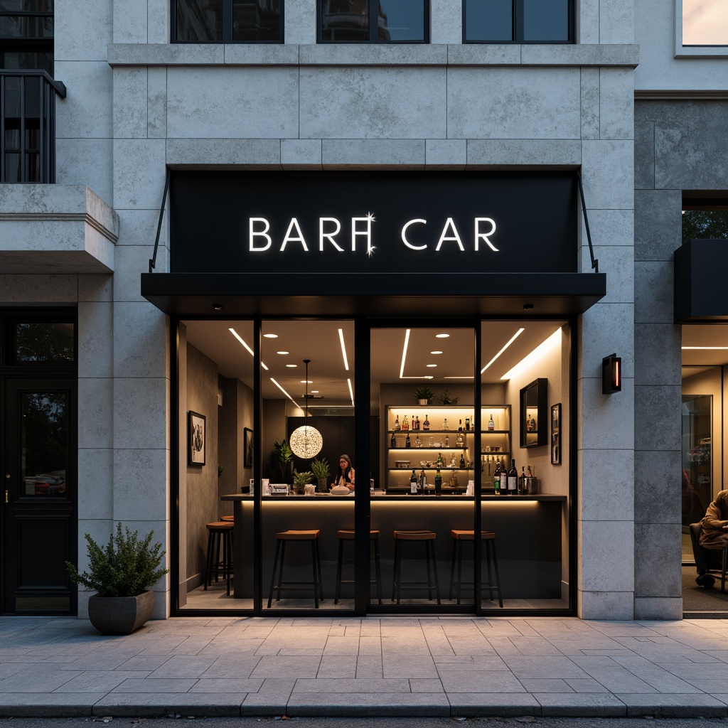 Prompt: Minimalist bar facade, clean lines, monochromatic color scheme, raw concrete walls, steel beams, large glass windows, sliding doors, industrial metal signage, subtle LED lighting, urban cityscape, evening ambiance, soft warm glow, shallow depth of field, 2/3 composition, symmetrical framing, realistic reflections, ambient occlusion.Let me know if this meets your requirements!