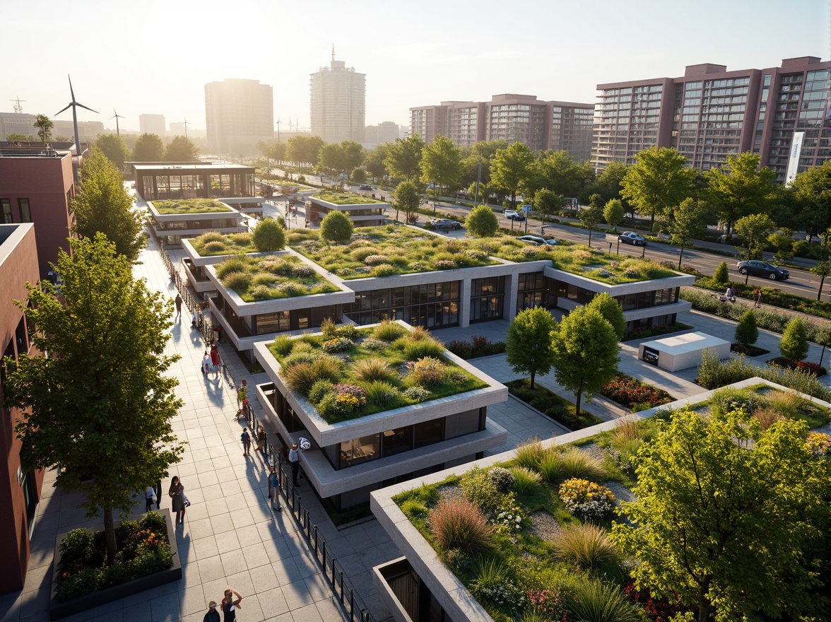 Prompt: Tram station, lush green roofs, living walls, rainwater harvesting systems, solar panels, wind turbines, eco-friendly materials, natural ventilation, abundant daylight, energy-efficient lighting, modern minimalist design, angular lines, sleek metal structures, glass facades, cantilevered canopies, urban forestry, pedestrian-friendly access, bicycle storage facilities, electric vehicle charging stations, vibrant public art installations, warm sunny day, soft natural lighting, shallow depth of field, 3/4 composition, panoramic view, realistic textures, ambient occlusion.