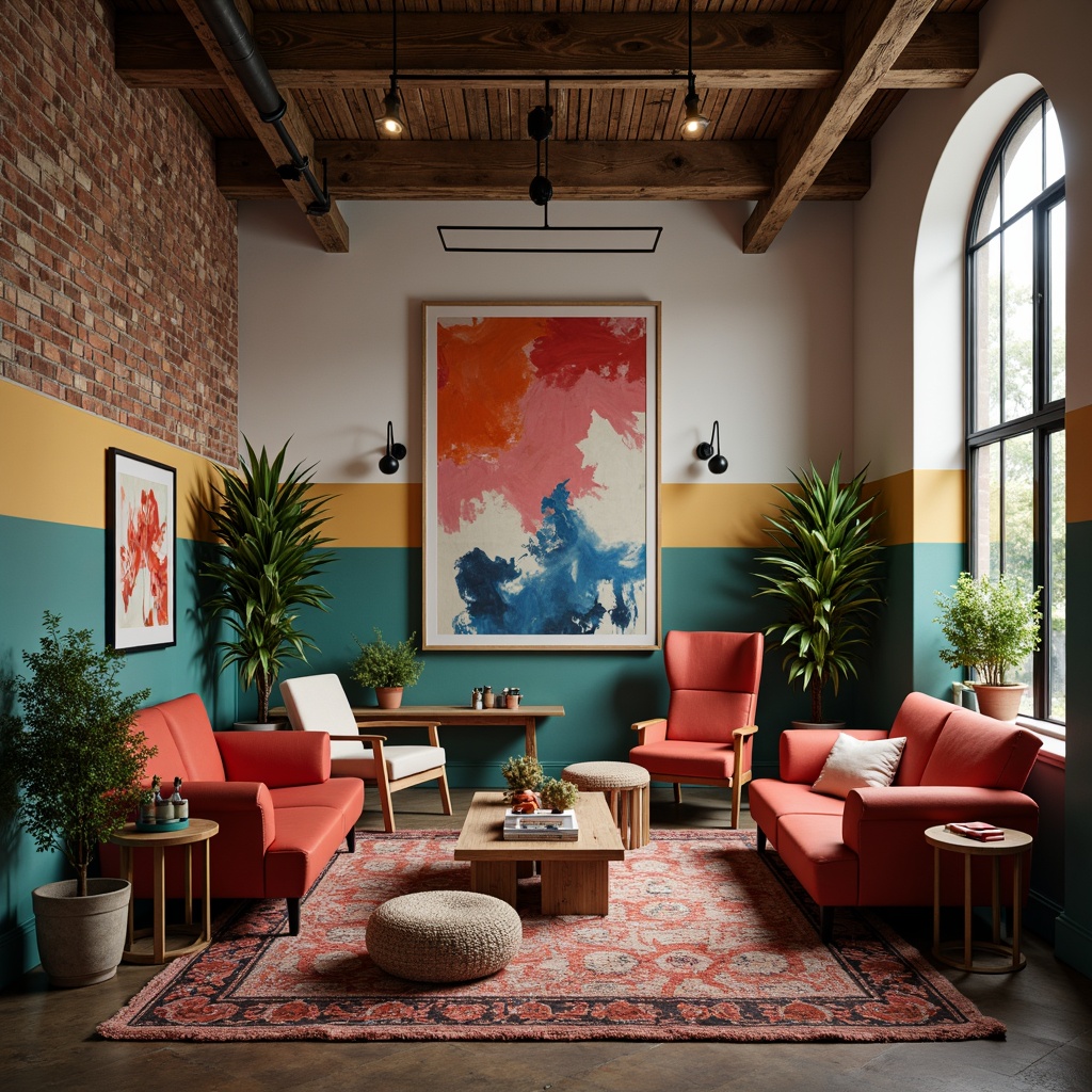 Prompt: Vibrant artistic studio, eclectic mix of furniture, bold color blocking, abstract artwork, textured rugs, industrial lighting fixtures, exposed brick walls, modern minimalistic decor, warm golden accents, rich turquoise hues, deep coral tones, creamy whites, natural wood textures, atmospheric misty lighting, 3/4 composition, symmetrical balance, moody dramatic shadows, realistic material rendering.