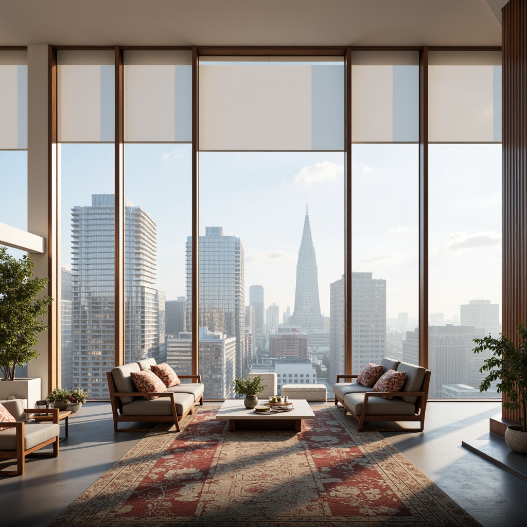 Prompt: Floor-to-ceiling windows, minimalistic frames, sheer white curtains, flowing drapes, modern roller shades, sleek vertical blinds, reflective glass surfaces, angular lines, urban cityscape views, bright natural light, warm sunny days, shallow depth of field, 3/4 composition, panoramic view, realistic textures, ambient occlusion, luxurious fabrics, vibrant accent colors, intricate patterns, geometric motifs.