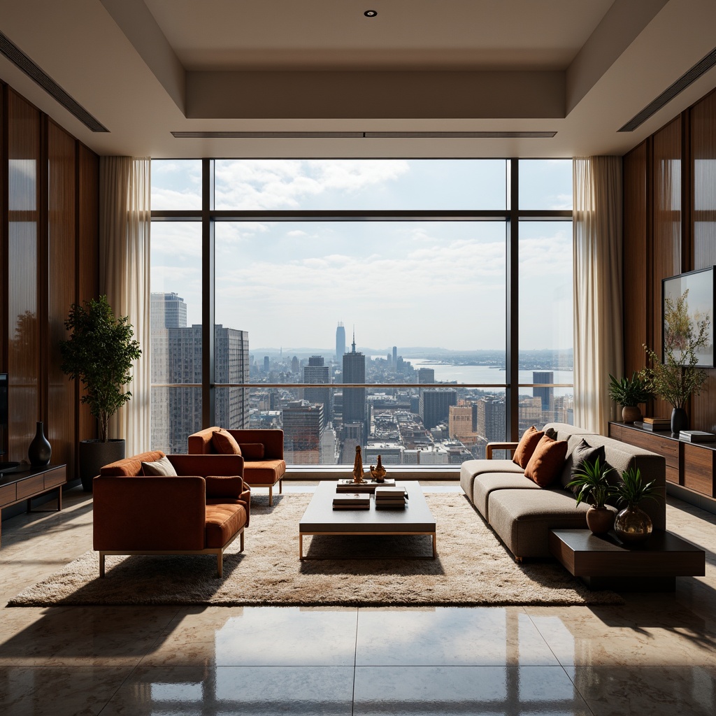 Prompt: Luxurious penthouse interior, lavish marble floors, velvet sofas, rich wood paneling, metallic accents, floor-to-ceiling windows, breathtaking cityscape views, modern minimalist decor, sleek low-profile furniture, plush area rugs, ambient warm lighting, subtle texture contrasts, 1/1 composition, soft focus blur, realistic reflections, intricate architecture details.