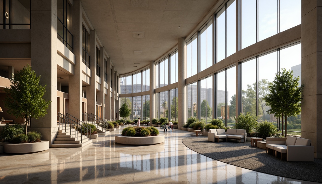 Prompt: Grand office building, curved arches, sleek glass facades, modern minimalist architecture, elegant lobby spaces, marble floors, high ceilings, sweeping staircases, polished metal handrails, lush greenery, floor-to-ceiling windows, warm natural lighting, soft ambient shadows, 3/4 composition, realistic textures, subtle depth of field.