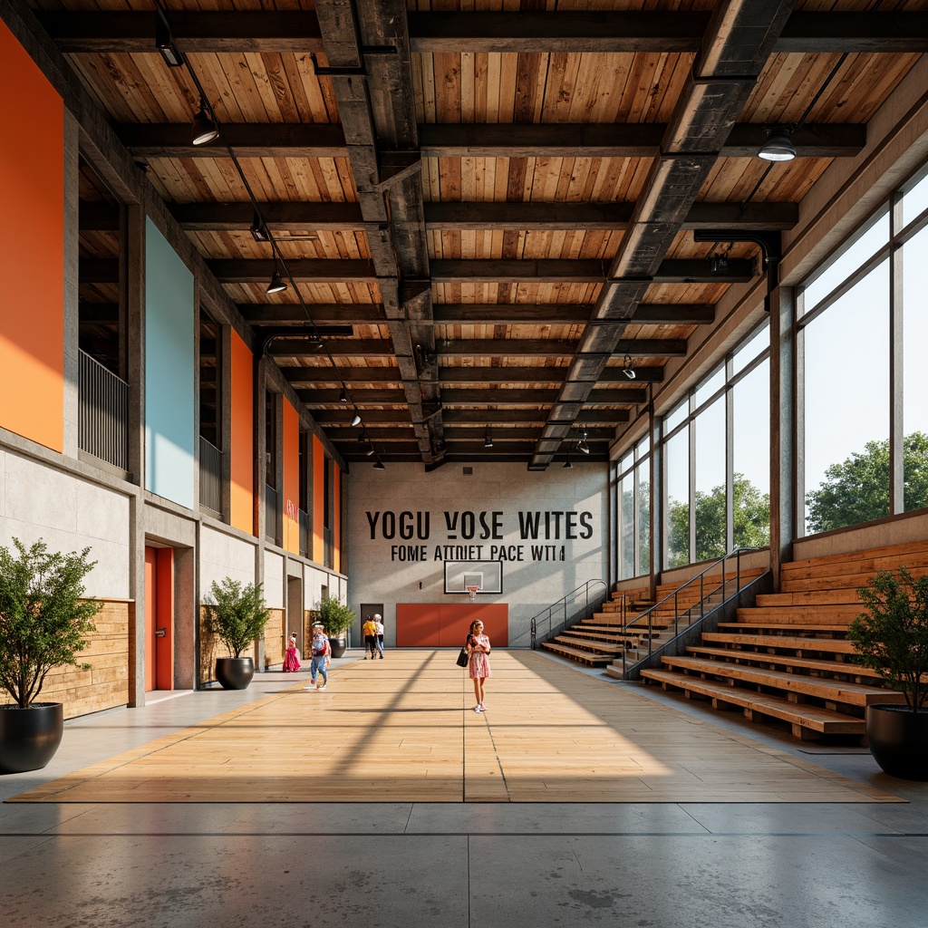 Prompt: Rustic gymnasium interior, eclectic architecture style, distressed wood accents, industrial metal beams, polished concrete floors, vibrant color blocking, dynamic lighting contrasts, exposed ductwork, reclaimed wooden bleachers, athletic equipment silhouettes, natural stone walls, bold typography signage, contrasting material textures, modern minimalist lines, dramatic ceiling heights, warm atmospheric glow, shallow depth of field, 1/2 composition, realistic renderings.