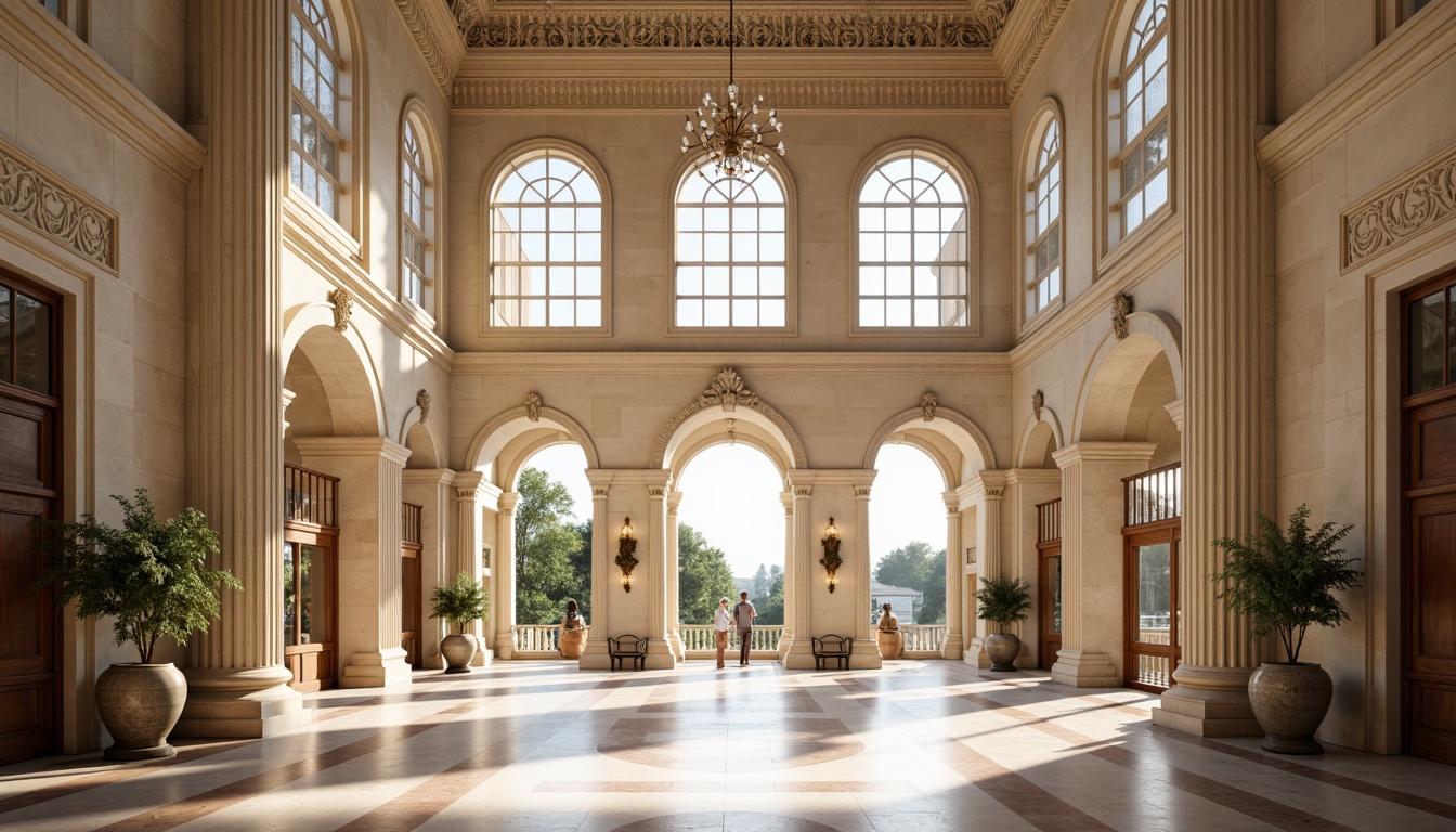 Prompt: Grand hospital entrance, Corinthian columns, ornate carvings, symmetrical facade, soft beige stone walls, elegant arches, large windows, intricately patterned floors, ornamental ceilings, luxurious chandeliers, natural light pouring in, warm neutral color palette, subtle texture variations, shallow depth of field, 1/2 composition, realistic materials, ambient occlusion.