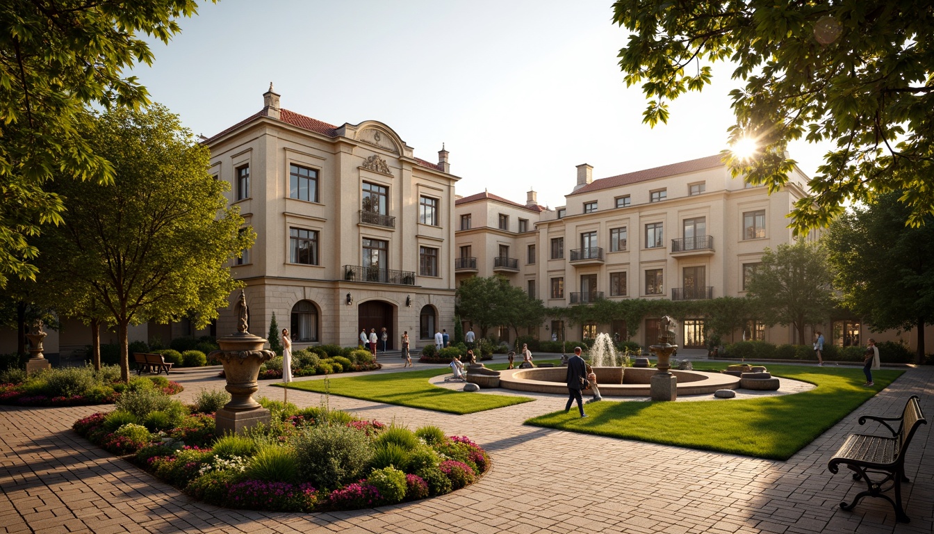 Prompt: Elegant university campus, Renaissance-style buildings, ornate stone facades, grand fountains, lush green lawns, vibrant flowerbeds, meandering walkways, rustic brick pathways, mature trees, ornamental shrubs, classic statues, weathered bronze benches, warm golden lighting, shallow depth of field, 3/4 composition, symmetrical framing, realistic textures, ambient occlusion.