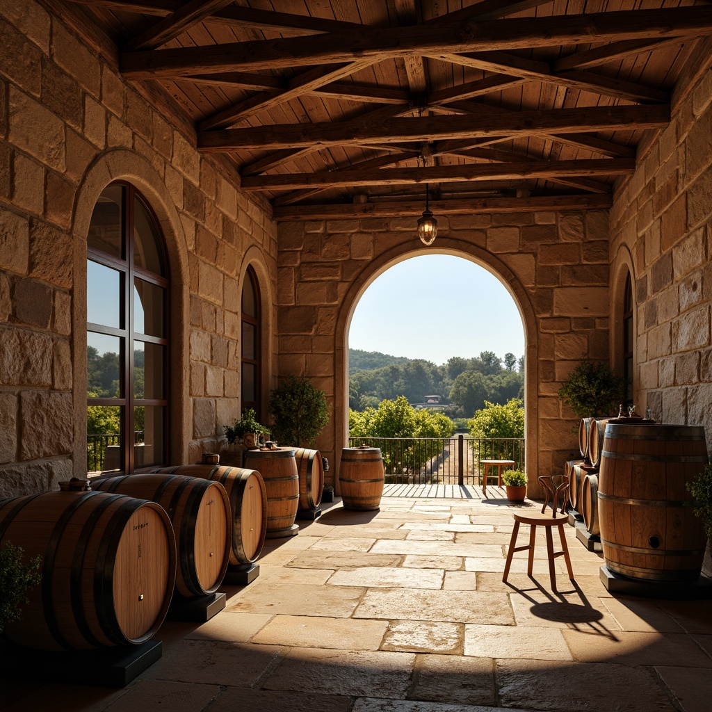 Prompt: Rustic winery building, earthy tones, natural stone walls, wooden accents, vintage metal doors, rich oak barrels, dimly lit cellar, warm golden lighting, soft focus, shallow depth of field, 1/1 composition, intimate atmosphere, Mediterranean-inspired color scheme, terracotta roofs, lush green vineyards, rolling hills, sunny afternoon, warm ambient light.