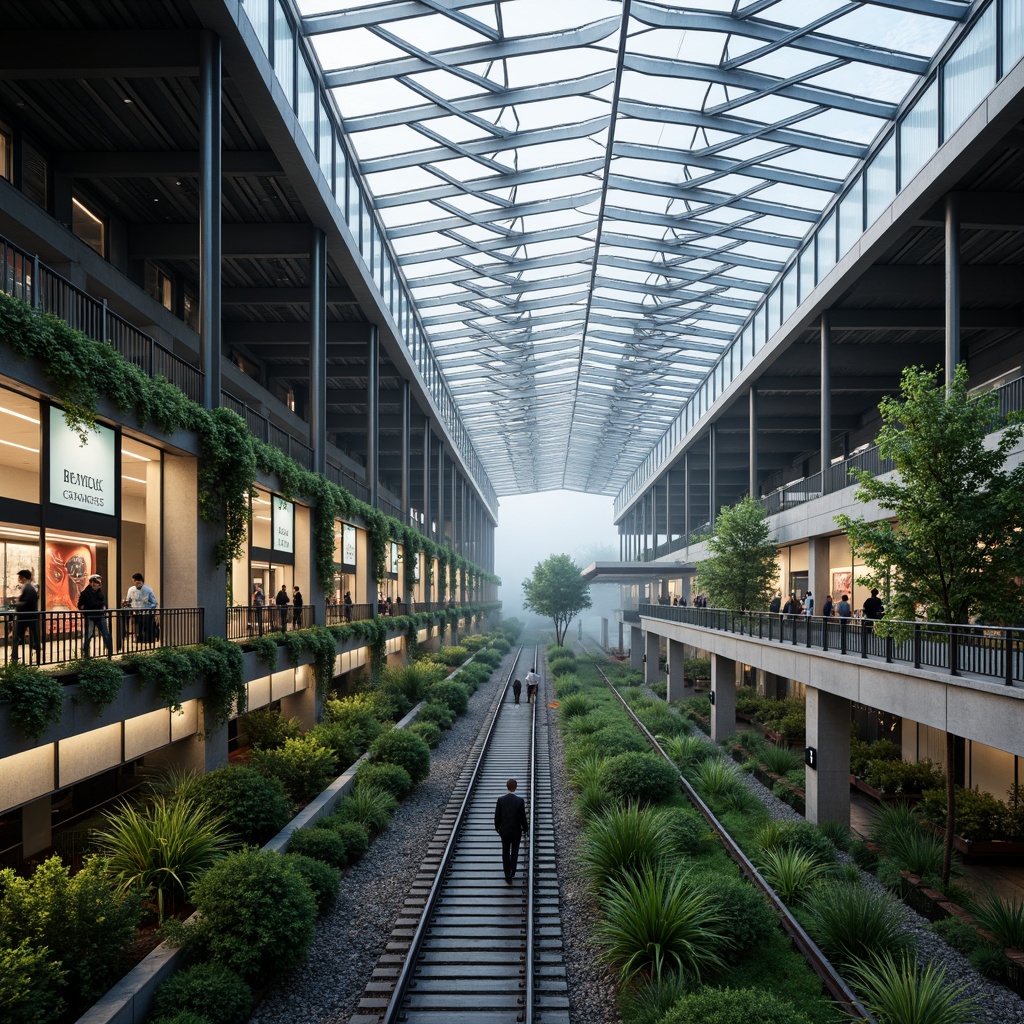 Prompt: Modern train station, sleek metal architecture, large glass roofs, vibrant greenery walls, urban landscaping, industrial chic design, elevated platforms, staircases, waiting areas, comfortable seating, LED lighting systems, futuristic ambiance, misty morning atmosphere, shallow depth of field, 3/4 composition, panoramic view, realistic textures, ambient occlusion.