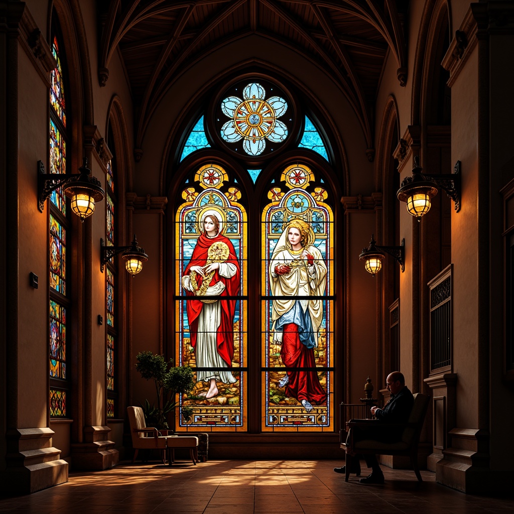 Prompt: Vibrant stained glass windows, warm color palette, soft diffused light, subtle shadows, refracted colors, ornate metal frames, intricate patterns, Gothic architecture inspiration, richly colored glass textures, dramatic lighting effects, high contrast ratios, shallow depth of field, 1/1 composition, realistic reflections, ambient occlusion.