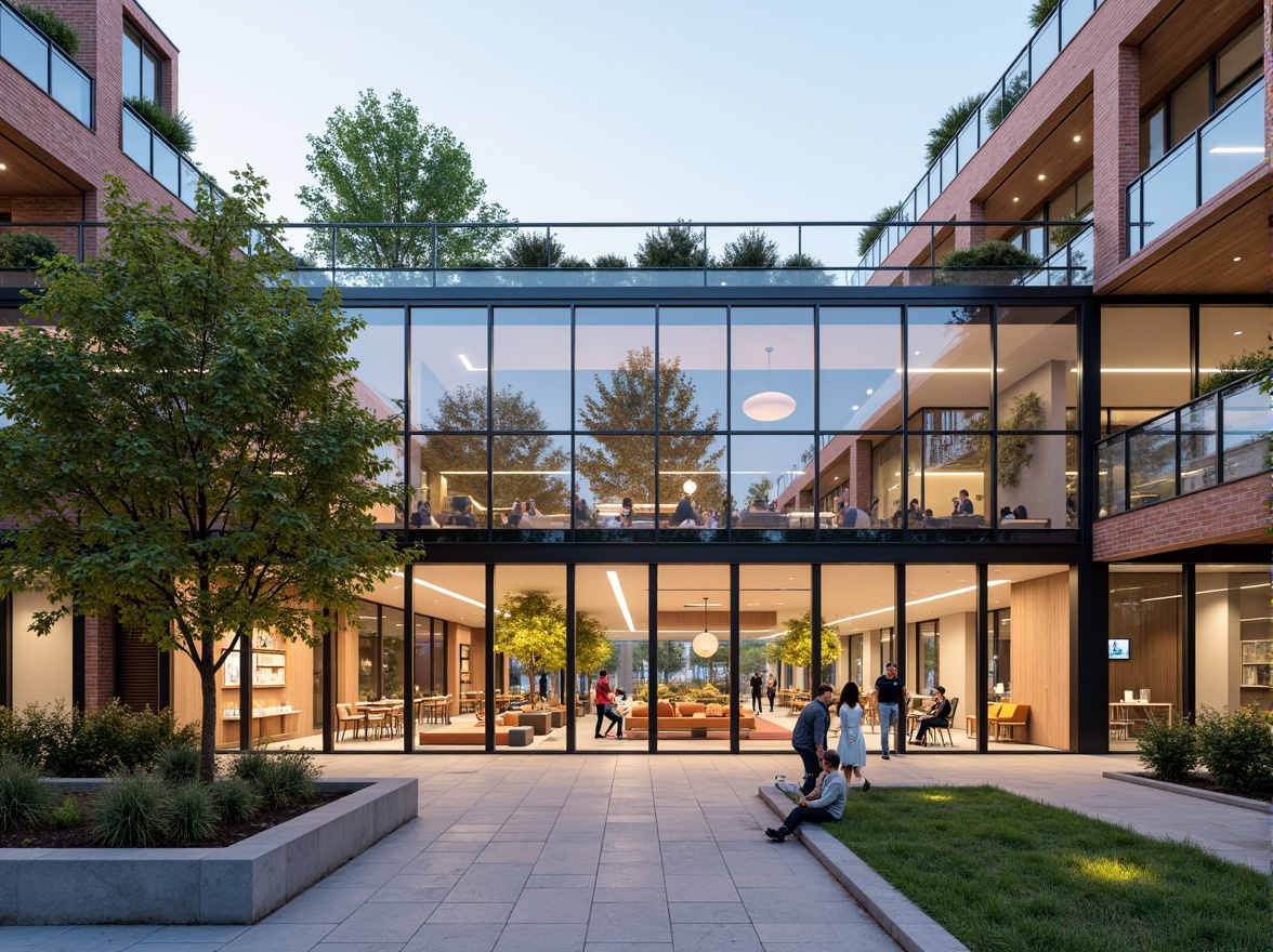 Prompt: Vibrant community center, transparent glass fa\u00e7ade, minimalist steel frames, open public spaces, modular brick walls, green roofs, natural ventilation systems, abundant daylighting, soft diffused lighting, shallow depth of field, 1/1 composition, panoramic view, realistic textures, ambient occlusion, warm earthy tones, exposed ductwork, industrial chic aesthetics, functional simplicity, inclusive gathering areas, accessible ramps, universal design principles, wheelchair-friendly infrastructure, diverse cultural patterns, eclectic furniture arrangements, dynamic social interactions.