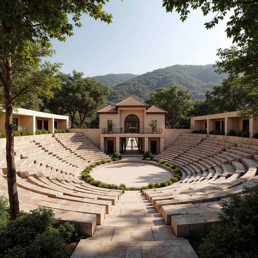 Prompt: Ancient Greek amphitheater, tiered seating, natural stone structure, curved architecture, open-air performance space, lush greenery surroundings, Mediterranean climate, warm sunny day, gentle breeze, natural ventilation, clerestory windows, high ceilings, breathable fabric canopies, rustic wooden accents, earthy color palette, soft warm lighting, shallow depth of field, 1/1 composition, panoramic view, realistic textures, ambient occlusion.